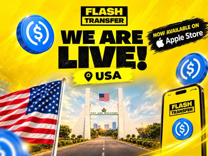 Promotional graphic for 'FLASH TRANSFER' announcing 'WE ARE LIVE! USA' and 'NOW AVAILABLE ON Apple Store', featuring USDC cryptocurrency logos and an American flag