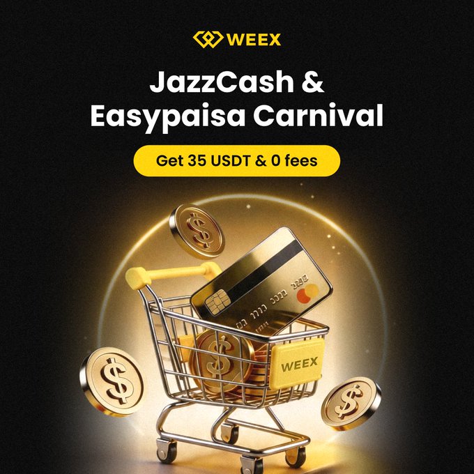 WEEX promotion offering 35 USDT and zero fees for users depositing via JazzCash and Easypaisa, featuring a gold shopping cart filled with a credit card and dollar coins against a black and gold background.