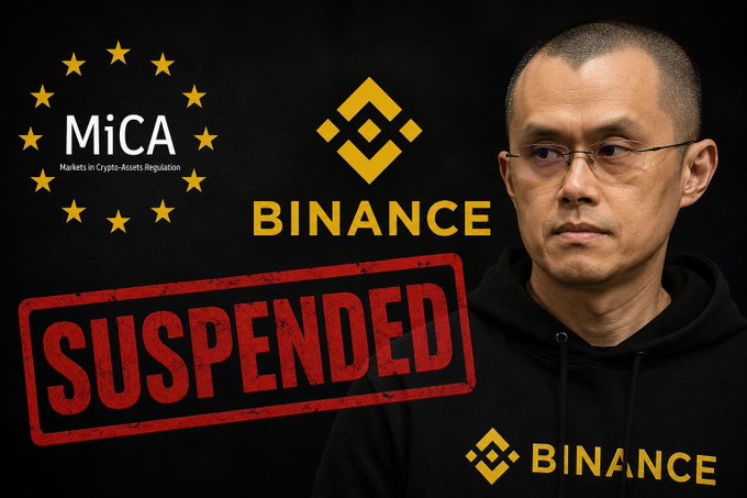 The image shows Binance CEO Changpeng Zhao alongside the MiCA (Markets in Crypto-Assets Regulation) logo and a bold red "SUSPENDED" stamp, visually illustrating how the cryptocurrency exchange failed to meet the EU's MiCA compliance deadline and must suspend its services across multiple European countries.