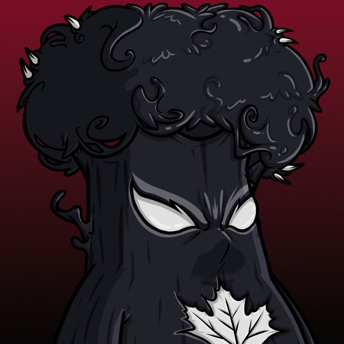 A digital illustration of a menacing, shadowy black monster with glowing white eyes and a textured, cloud-like head, shown holding a white leaf against a dark red background.