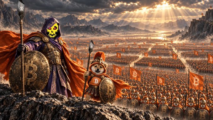 A fantasy digital artwork depicting a hooded figure with a pixelated skull face and a small dog companion, both holding Bitcoin shields, overlooking a vast army of armored dog soldiers with orange Bitcoin flags.