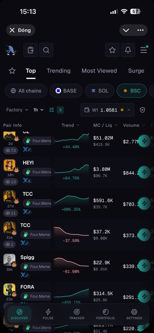 The image shows a cryptocurrency tracking app (DEXTools) displaying BSC chain meme tokens with various tickers like HEYI, TCC, Spigg, and FORA, showing significant price movements such as HEYI down 84.76% and FORA up 450.15%. The screenshot relates to the post's theme of FOMO-driven trading on volatile meme coins, as it captures the rapid pump-and-dump nature of these tokens that makes holding difficult and forces traders to take profits quickly.