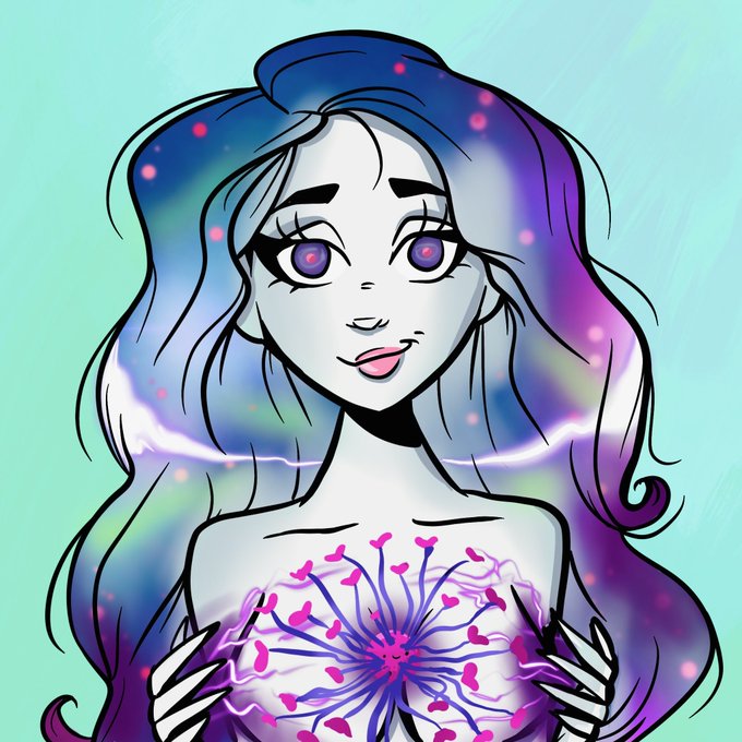 An anime-style illustration of a pale girl with galaxy/cosmic hair holding a glowing pink and blue flower, with an ethereal glow and sparkles around her.