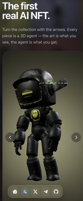 A mobile app screenshot advertising 'The first real AI NFT' with text explaining that art is the agent, displaying a black 3D robot character with a yellow logo.