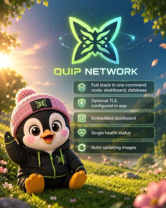 The image features a cute penguin sitting on grass with flowers around it. The background of the image shows a beautiful sunset, creating a serene atmosphere. The text "quip network" appears multiple times throughout the image, suggesting that this is an advertisement or promotional material for Quip Network.