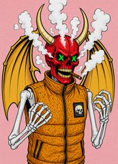 An illustration of a red demon-headed character with yellow wings wearing a brown puffer jacket and smoking a cigarette against a pink background.