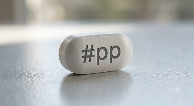 A white capsule pill marked "#pp" rests on a reflective surface, visually representing the post's "Pp pill" reference symbolizing the token "#pp" as a supposed cure-all in crypto culture.