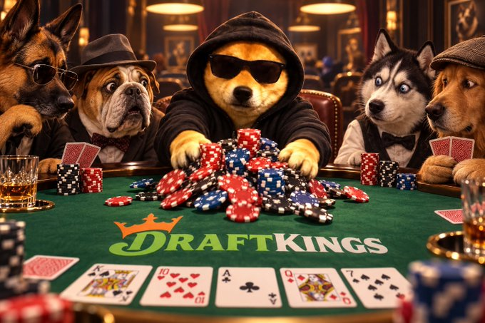 A group of dogs in sunglasses and gangster attire sit around a poker table piled with chips and cards, with the "DraftKings" logo displayed on the green felt. The image humorously reinforces the post's all-in gambling mentality, framing speculative trading as a high-stakes poker bet rather than a safe, sidelined sell.