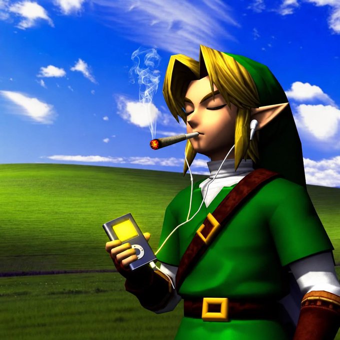 A digital artwork depicting Link from The Legend of Zelda in a Windows XP 'Bliss' background, smoking a cigar and listening to music on an iPod with white earphones.