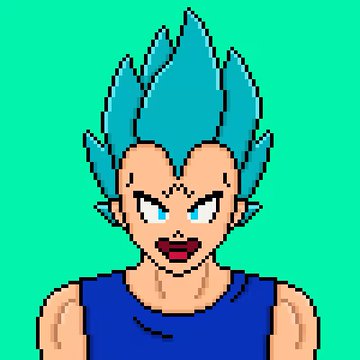 An 8-bit pixel art portrait of a character with spiky blue hair, blue eyes, and a blue tank top resembling Vegeta from Dragon Ball, set against a solid green background.
