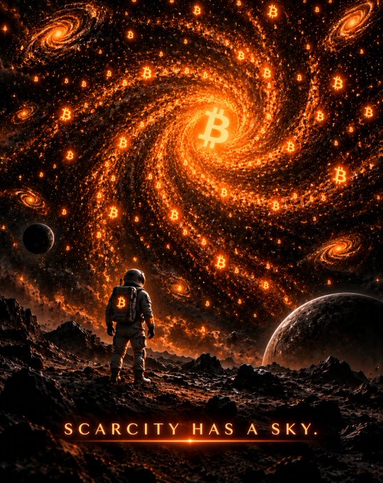 A digital artwork showing an astronaut standing on a rocky planet looking up at a fiery spiral galaxy filled with Bitcoin symbols, with the text 'SCARCITY HAS A SKY.'