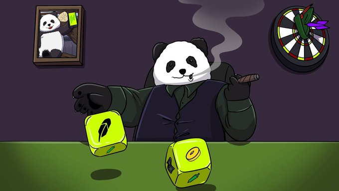 A cartoon panda wearing a vest and smoking a cigar sits at a green table with two yellow dice, while a framed picture of a panda and a dartboard decorate the purple wall behind it—playing on the "$HUAHUA" panda mascot theme of the meme coin promo.