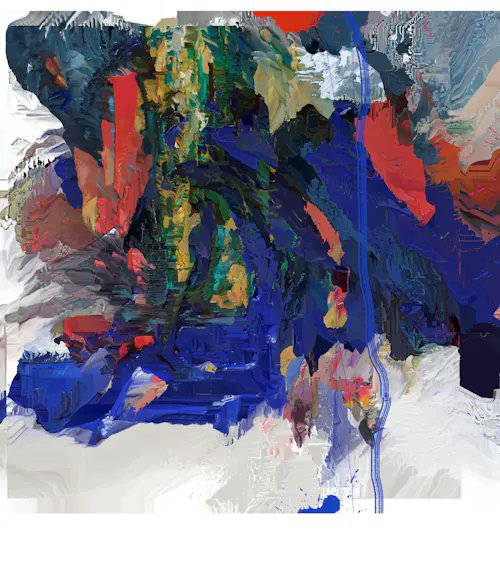 An abstract digital painting featuring thick, chaotic brushstrokes in blues, reds, greens, and whites layered over a textured, light gray background.