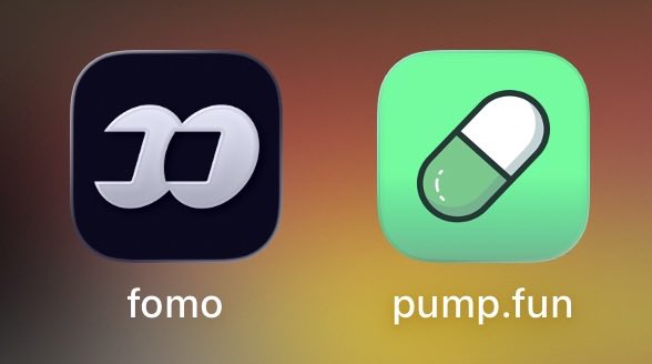 The image shows two app icons side by side: "fomo" on the left with a stylized "D" logo on a dark background, and "pump.fun" on the right with a pill icon on a green background. The image relates to the post about strategies for inflating a public wallet's value, suggesting both platforms as potential tools for quickly boosting on-chain activity or token holdings.