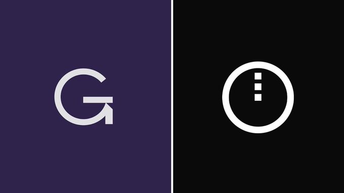 A split-screen graphic with a purple background on the left showing a stylized "G" logo and a black background on the right showing a white circular icon with an exclamation mark.