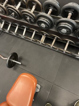 A gym setting showing a rack of black dumbbells on a multi-tier rack, with an orange weight bench in the foreground.