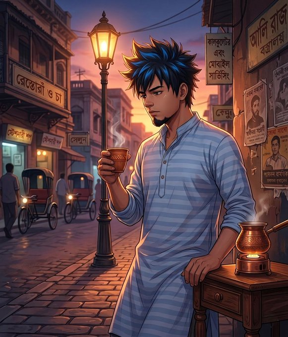 The image features a man dressed in traditional Indian clothing standing near a table holding a cup of tea, with a lamp nearby. The scene takes place in front of a building that has foreign writing on it, suggesting an urban setting. The image is accompanied by a caption discussing the concept of attention flows and how they can be used to create campaigns or distribute content.