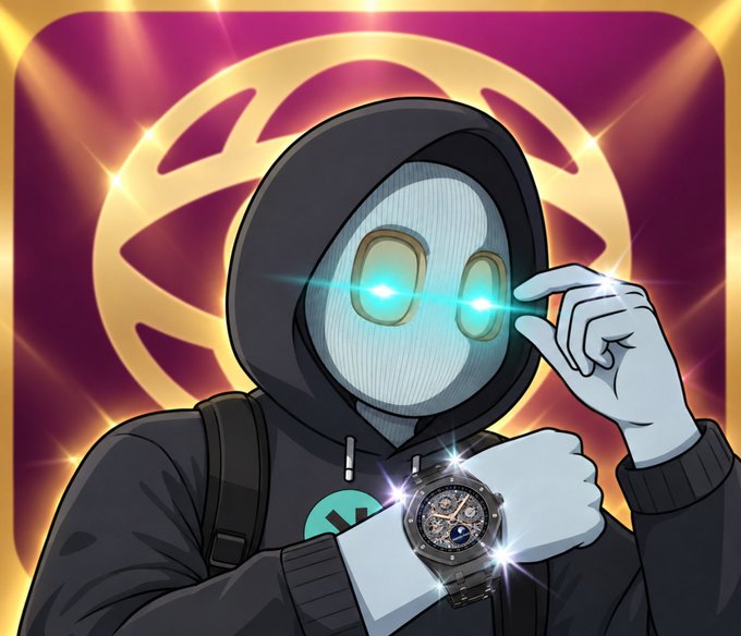 A hooded character with glowing green eyes and a skull-like mask examines a luxury watch on their wrist, set against a golden, sparkling backdrop featuring a circular emblem. The image evokes the high-stakes, exclusive nature of the $18,000 Rolex unboxing teased in the post about the upcoming update from @watchdotfun.