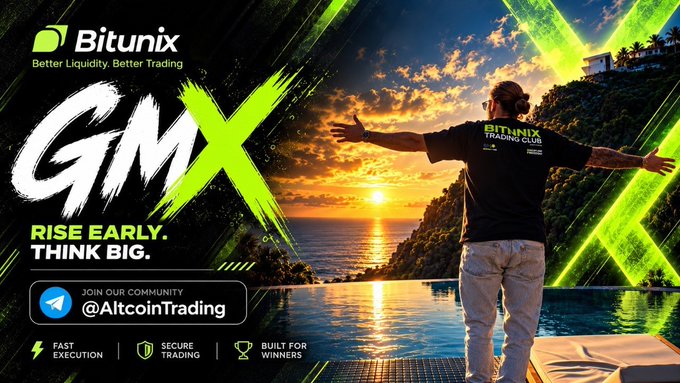 An advertisement for Bitunix Trading Club featuring "GMX RISE EARLY. THINK BIG." alongside a man in a Bitunix shirt standing with outstretched arms facing a sunset over an infinity pool, with their Telegram community @AltcoinTrading and selling points for fast execution, secure trading, and being built for winners.
