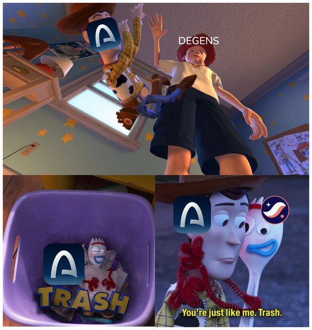 A meme collage featuring scenes from Toy Story with the text "DEGENS" and "TRASH" overlaid, including the caption "You're just like me. Trash."