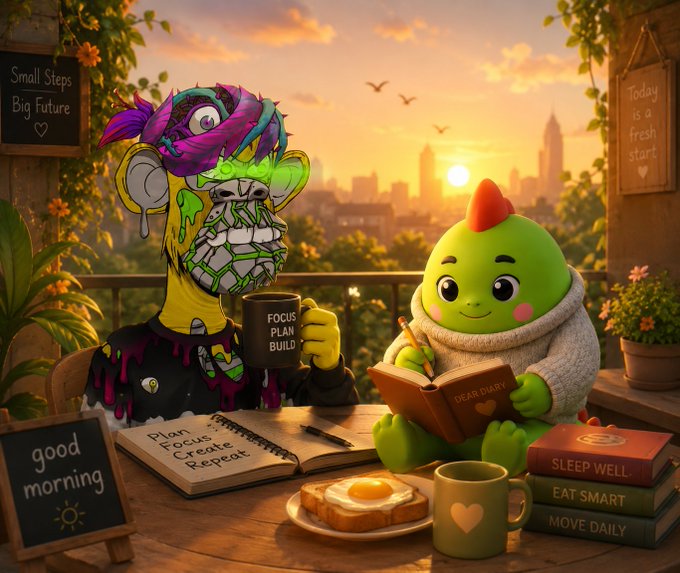 An illustrated scene shows a green creature in a knit sweater reading 'DEER DIARY' alongside a zombie-like figure holding a 'FOCUS PLAN BUILD' mug, with motivational signs reading 'Small Steps Big Future,' 'Today is a fresh start,' 'good morning,' and books titled 'SLEEP WELL,' 'EAT SMART,' and 'MOVE DAILY.'