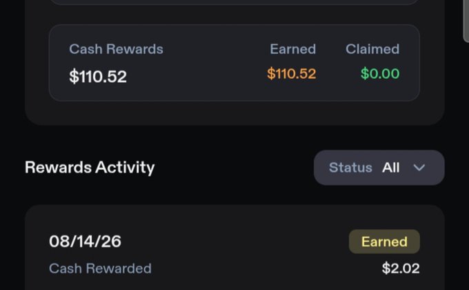 A dark-themed rewards dashboard showing "Cash Rewards" of $110.52 earned and $0.00 claimed, with a Rewards Activity entry dated 08/14/26 marked as "Earned" for $2.02.
