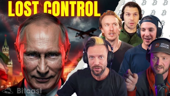 This image is a thumbnail for a YouTube live stream titled "Did Putin Just K*ll A U.S Senator? — Bitcoin Prepares For War," featuring Vladimir Putin and several men discussing the topic. The imagery, with Putin prominently displayed against a backdrop of a drone and ominous clouds, directly relates to the sensationalized questioning of his actions and a potential war concerning Bitcoin.