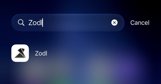 A search bar interface showing a search for 'Zodl', displaying the Zodl app icon below the search field with a Cancel button on the right.