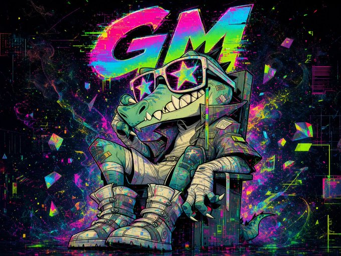 A vibrant, graffiti-style illustration of a green cartoon dinosaur character wearing star-shaped sunglasses and large sneakers, with the letters 'GM' in bright rainbow colors in the background.