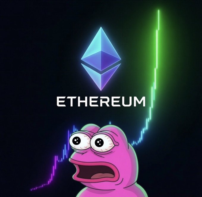 The Ethereum logo above the word 'ETHEREUM,' set against a green and purple rising line graph, with a shocked pink cartoon character in the foreground.