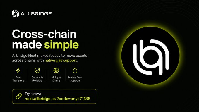 A promotional banner for Allbridge advertises 'Cross-chain made simple' with features like fast transfers and native gas support, displaying a referral link at next.allbridge.io/?code=onyx71188.