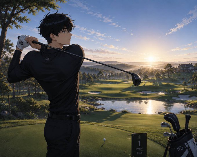 An anime-style male golfer in black attire completes his swing at a scenic course overlooking a sunset-lit lake, with a 'Par 4 390Y' marker visible near his golf bag.