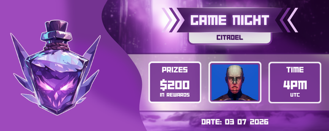 'Game Night: Citadel' promotional banner dated 03/07/2026 offering $200 in rewards, scheduled for 4PM UTC, featuring a purple crystal potion bottle and a character avatar.