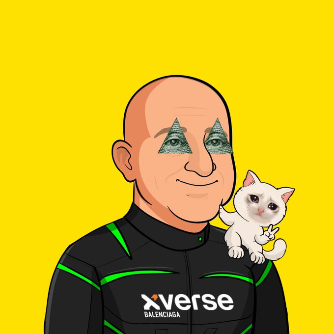 A cartoon-style illustration of a bald man wearing a black tracksuit with 'Xverse BALENCIAGA' text, featuring the U.S. dollar bill design over his eyes and holding a white cat, set against a yellow background.