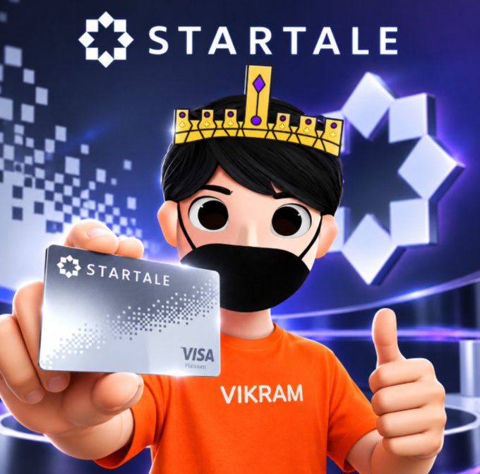 A 3D cartoon-style illustration of a character wearing a black mask and a gold crown, holding up a silver "STARTALE" branded Visa Platinum card and giving a thumbs-up, with the name "VIKRAM" on their orange shirt.