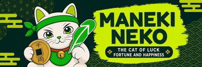 A cartoon Maneki-neko (lucky cat) wearing a green headband holds a gold coin inscribed with "千両" (thousand ryo) alongside text reading "MANEKI NEKO — THE CAT OF LUCK, FORTUNE AND HAPPINESS." The traditional Japanese good-luck cat imagery visually reinforces the post's message about $MANEKI launching on Robinhood Chain, with the fortune coin symbolizing the wealth-bringing legend behind the token's meme identity.