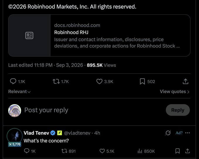 A Robinhood Markets copyright notice appears above an embed linking to docs.robinhood.com describing "Issuer and contact information, disclosures, price deviations, and corporate actions for Robinhood Stock," with 895.5K views and 3.9K likes. Below, Vlad Tenev (@vladtenev) replies "What's the concern?" with 5.1K likes and 850K views, seemingly responding to CEO Adam Aron regarding Robinhood's tokenization of AMC stock and the launch of the $MEME token.