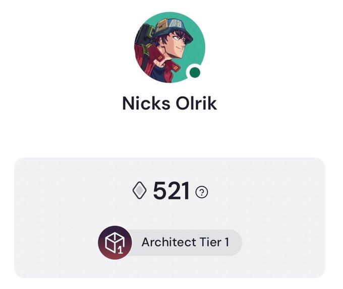 A profile screenshot displays the username 'Nicks Olrik', a balance of '521' with a question mark icon, and an 'Architect Tier 1' badge.