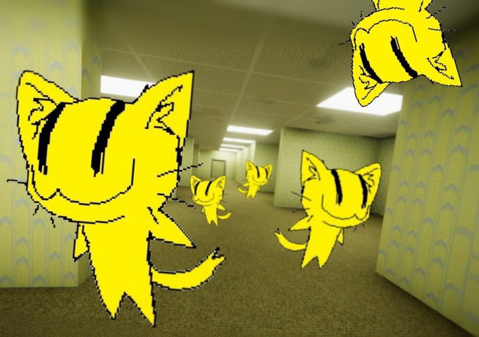 urn of gold and black cat characters, with yellow ears and tails, move through a hallway with white walls and blue stripes.