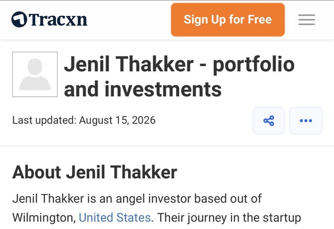 A screenshot of a Tracxn webpage with the header 'Jenil Thakker - portfolio and investments', a 'Sign Up for Free' button, and an 'About Jenil Thakker' section identifying him as an angel investor in Wilmington, United States.