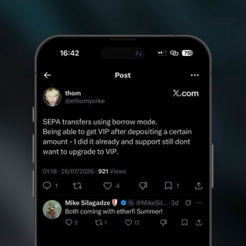 A smartphone screenshot of an X post by user "thom" (@ethomyjoke) showing 921 views, dated 01:18 on 26/07/2026, discussing SEPA transfers using borrow mode and VIP deposit requirements for EtherFi. Below it, Mike Silagadze (@MikeSil..., 3d) comments "Both coming with etherfi Summers!", suggesting confirmation of upcoming EtherFi announcements in August as referenced in the post.