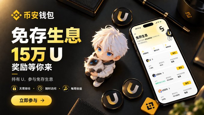 An advertisement for Binance Wallet (币安钱包) promoting '免存生息' (interest-free savings) with a 150,000 U reward, featuring a chibi figure and an app interface showing USDT, USDC, and USDS savings options.