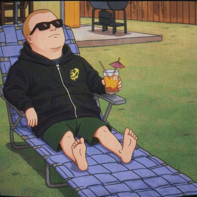 An animated character resembling Bobby Hill from King of the Hill lounges on a blue lawn chair in a backyard, wearing sunglasses and a black hoodie while holding a tropical cocktail. The image's portrayal of a laid-back, meme-worthy vibe ties into the post's reference to $APE, reflecting a carefree "ape" persona common in crypto culture.