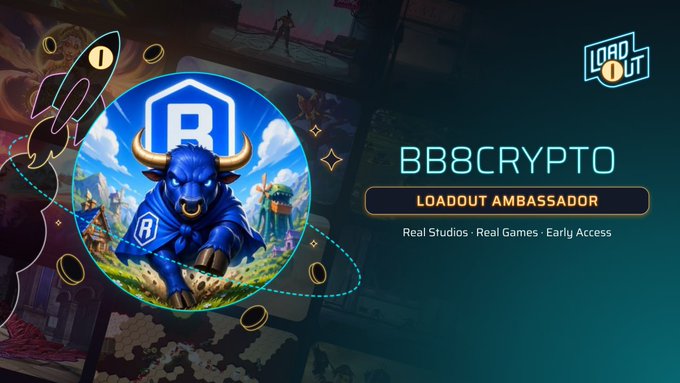 Promotional graphic for 'LOADOUT' featuring 'BB8CRYPTO - LOADOUT AMBASSADOR' with the tagline 'Real Studios · Real Games · Early Access', showing a blue bull mascot and other characters.