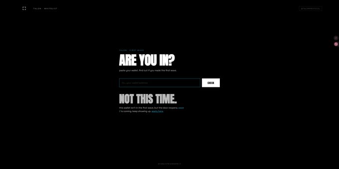 The image features a page from a site called talon, which displays an online form asking for information about users, such as their name or email address. The content also suggests that users can request a free trial, which appears to be a part of the talon protocol's base code. This post is by VinciWorld and is titled "Are you in?". It is posted on a social media platform, Twitter, with a link provided at the bottom.