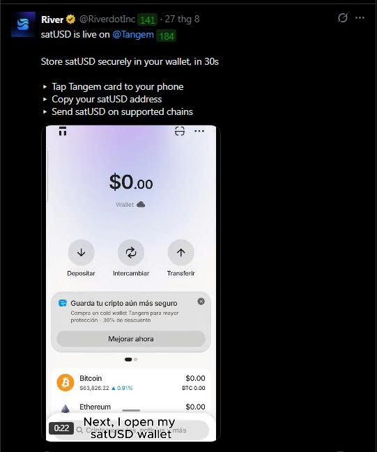 A screenshot of a tweet from River (@Riverdotinc) advertising that satUSD is live on Tangem, showing a Tangem wallet app interface in Spanish with $0.00 balance and captions 'Store satUSD securely in your wallet, in 30s.'