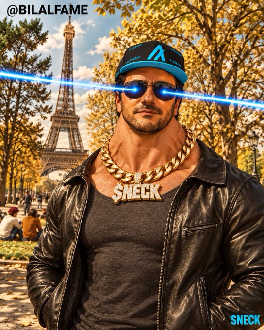 An AI-generated image of a muscular man with laser-beam eyes wearing sunglasses, a backward cap, and a gold chain spelling 'SNECK' in front of the Eiffel Tower, with the watermark '@BILALFAME'.
