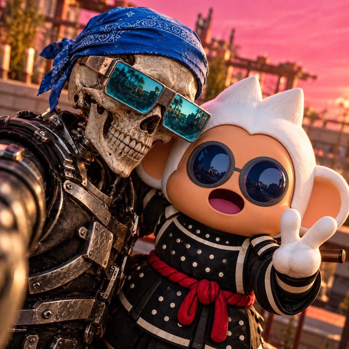 A 3D-rendered scene shows a mechanical skull character wearing a blue bandana and sunglasses alongside a cute monkey-like character in sunglasses, posing for a selfie.