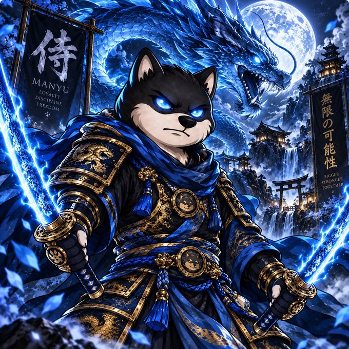 A digital artwork of an anthropomorphic black and white husky with glowing blue eyes, dressed in ornate blue and gold samurai armor, holding two glowing blue swords, with banners reading 'MANYU LOYALTY DISCIPLINE FREEDOM' and 'BIGGER STRONGER TOGETHER' flanking a Japanese pagoda and a blue dragon.