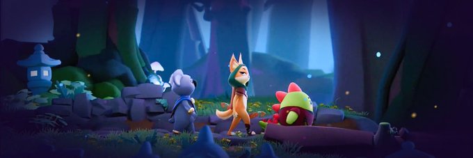 A 3D animated scene from a video game showing three small animal characters—a koala, a fox-like creature, and a frog wearing a crown—standing together in a mystical forest setting.